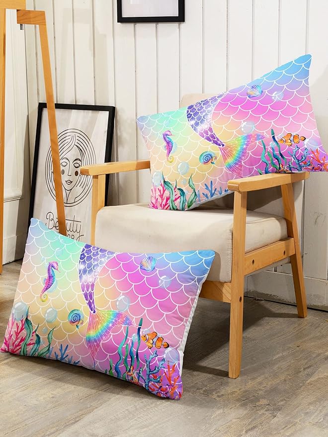 Bedding Comforter Set Rainbow Pink Mermaid Tail Printed Pattern Quilt with 1 and 2 Pillowcases for Girls Bedroom All Season(Rainbow Twin) Twin 68x86inches
