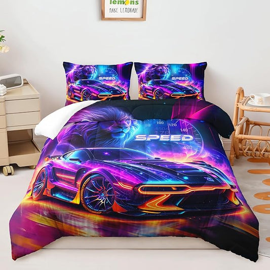 AILONEN Boys Kids Racing Car Bedding Set Queen Size,Neon Speed Car & Lion Comforter with 2 Pillowcases,3 Pieces Soft Lightweight Racer Duvet Set