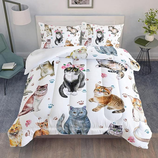 AILONEN Watercolor Cat Print Bedding Set Twin Size with Cats and Footprints Comforter Set for Boys Girls,Group of Cute Cats Soft Breathable White Tint Duvet Set 3 Pieces, 1 Quilt and 2 Pillowcases