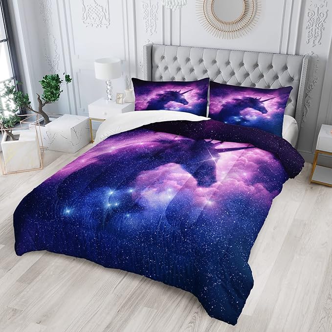 AILONEN Purple Space Unicorn Comforter Set, Superior Kids Bedding Set Queen for Teen Girls and Boys,Bed-in-a-Bag Printed Galaxy Bed Sets,Microfiber,(1 Comforter 2 Pillowcases 3 Piece)