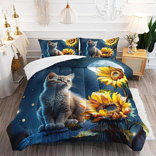 Ailonen Cute Cat Comforter Set, Full Size Sunflowers & Starry Moon, 3D Kawaii Duvet Set, 3 Pieces (1 Quilt & 2 Pillowcases)