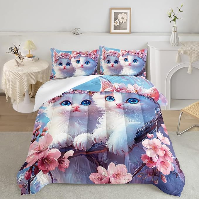 AILONEN Kids Cute Cat Bedding Full Size,Beautiful Fairy Cat Girls Comforter Set,Pink Flower Cat Comforter Set,Kawaii Cat Duvet,1 Comforter with 2 Pillowcases,3 Pieces
