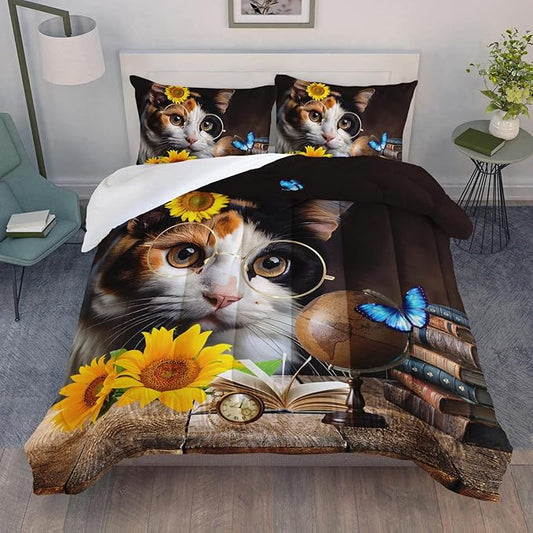 AILONEN Glasses Cat Print Bedding Set Queen Size with Sunflowers Vintage Items Books Comforter Set for Boys Girls,Retro Wooden Style Soft Breathable Duvet Set 3 Pieces, 1 Quilt and 2 Pillowcases