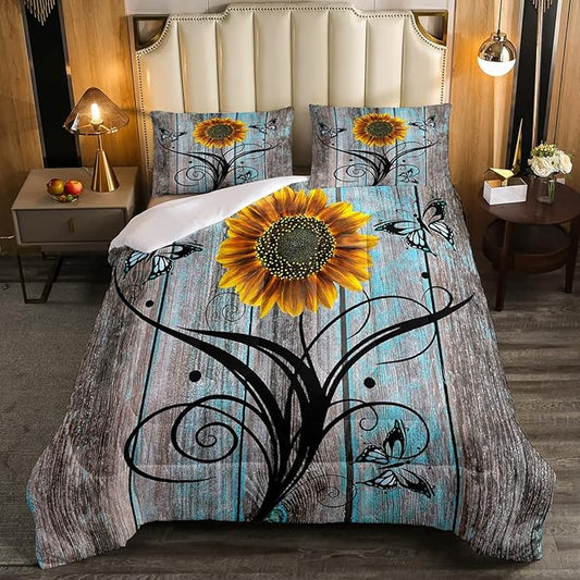 Yellow Sunflower Comforter Set King,Butterfly Bedding Set Rustic Farmhouse Wooden Board Down Comforter for Kids Girls Teens Women,Country Retro Floral Quilt Duvet Sets 2 Pillow Cases Blue Grey