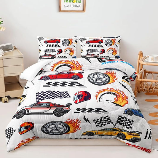 AILONEN Kids Racing Car Comforter Set Queen Size,Vehicles Construction Truck Bedding Set for Boys Teen,3 Piece Soft Duvet with 2 Pillowcases