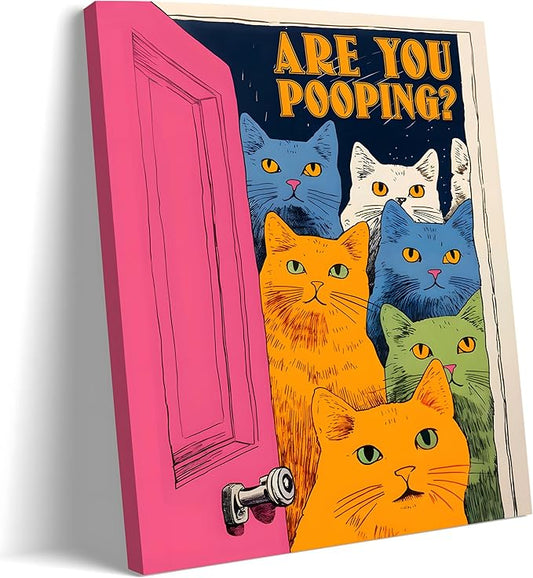 Yaneiro Funny Bathroom Cat Canvas Wall Art, Framed Cute Cat Prints Posters Wall Decor, Are You Pooping Sign Animal Pictures for Living Room Bedroom Toilet Kids Room Wall Paintings 12x16 in