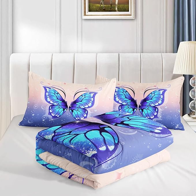 Bedding Comforter Set Pink Purple Butterfly Printed Pattern Quilt with 1 and 2 Pillowcases for Girls Bedroom All Season(Butterfly Full) Full 80x90inches