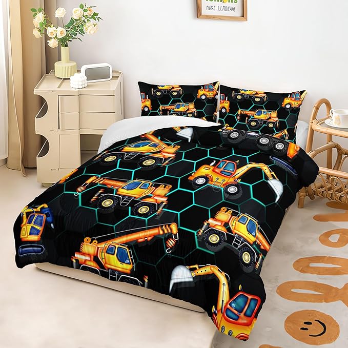 AILONEN Kids Cartoon Excavator Comforter Set Full Size,Vehicles Construction Truck Bedding Set for Boys Teen,3 Piece Soft Duvet with 2 Pillowcases