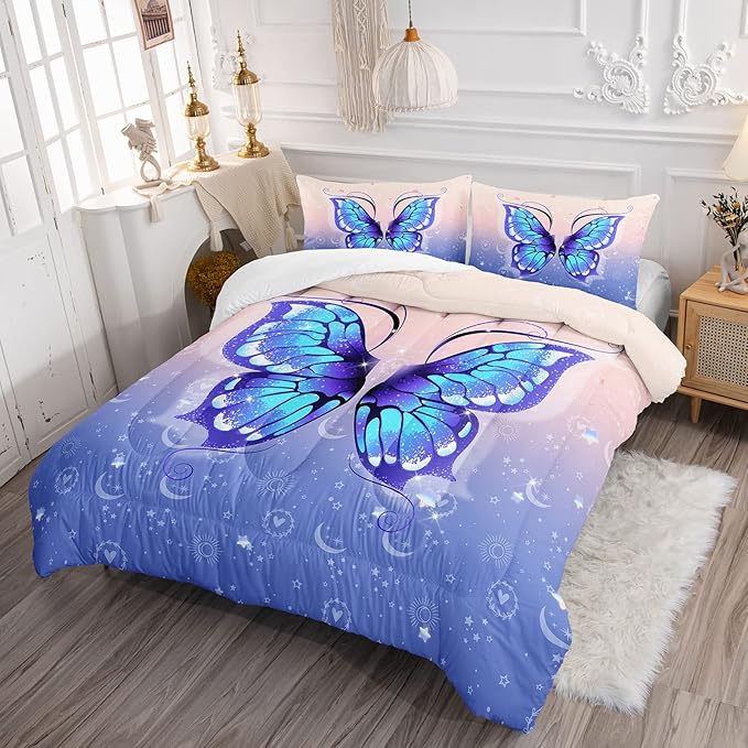Bedding Comforter Set Pink Purple Butterfly Printed Pattern Quilt with 1 and 2 Pillowcases for Girls Bedroom All Season(Butterfly Full) Full 80x90inches