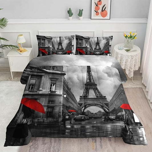 Bedding Comforter Set Paris Street Scenery Eiffel Tower Printed Pattern Quilt Bedding Set with 1 Comforter and 2 Pillowcases for Girls and Boys Bedroom All Season(Paris Queen)