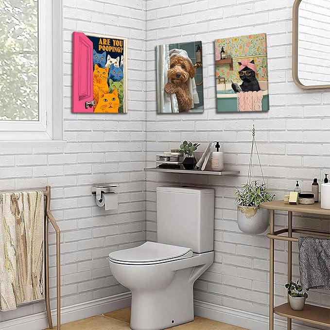 Yaneiro Funny Bathroom Cat Canvas Wall Art, Framed Cute Cat Prints Posters Wall Decor, Are You Pooping Sign Animal Pictures for Living Room Bedroom Toilet Kids Room Wall Paintings 12x16 in