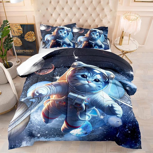 AILONEN Kids Cat Comforter Set - Full 3D Cute Kawaii Cat Bedding Set for Girls & Boys, Galaxy Planet Duvet with 2 Pillowcases