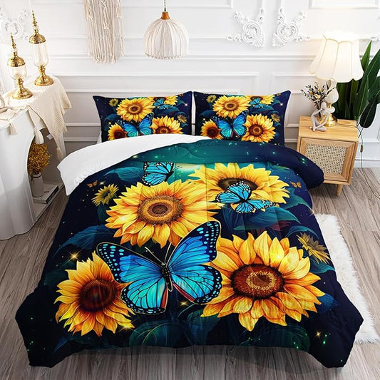 Yellow Sunflower Bedding Blue Butterfly Comforter 3Pcs Queen Black Floral Botanical Pattern Quilt Set for Kid Teen Girl Boy Romantic Starlight Bed Decor Set with 1 Comforter and 2 Pillowcases
