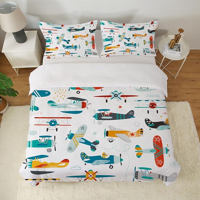 Yasida Kids Airplane Comforter Set Queen Size Colorful Cartoon Propeller Plane Bedding Set Kids Boys Bedding Sets Queen Teens Cartoon Airplanes Down Comforter Aviation Theme Duvet Bedroom Decor
