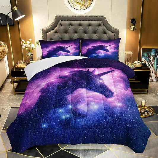 AILONEN Purple Space Unicorn Comforter Set, Superior Kids Bedding Set Full for Teen Girls and Boys,Bed-in-a-Bag Printed Galaxy Bed Sets,Microfiber,(1 Comforter 2 Pillowcases 3 Piece)