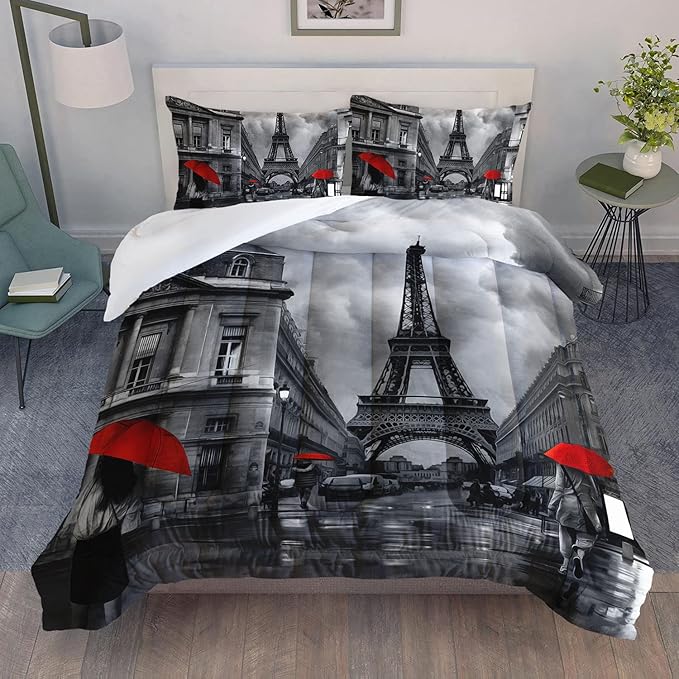 Bedding Comforter Set Paris Street Scenery Eiffel Tower Printed Pattern Quilt Bedding Set with 1 Comforter and 2 Pillowcases for Girls and Boys Bedroom All Season(Paris Queen)
