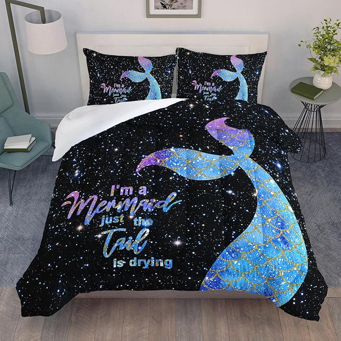 Bedding Comforter Set Black Starry Sky Mermaid Printed Pattern Quilt with 1 and 2 Pillowcases for Girls Bedroom All Season(Black Queen) Queen 90x90inches