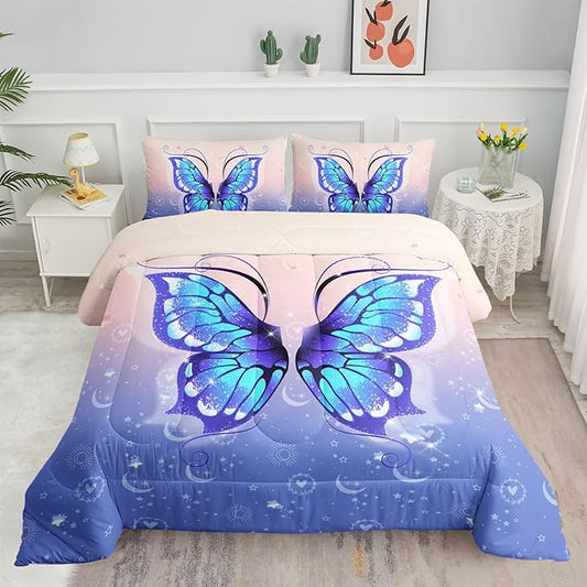 Bedding Comforter Set Pink Purple Butterfly Printed Pattern Quilt with 1 and 2 Pillowcases for Girls Bedroom All Season(Butterfly Queen) Queen 90x90inches