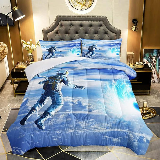 AILONEN Astronaut Comforter Set for Teens Boys Kids Girls, Space Astronaut Bedding Set Twin Size,Outer Space Themed Quilted Duvet Bed Set,Planet Quilt,1 Comforter 2 Pillowcases 3 Piece