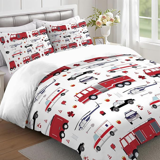 Yasida 3Pcs Queen Fire Truck Comforter Bedding for Kids, Police Car Firemen Car Vehicle Helicopter Fitted Sheets for Boys and Girls Bedding Set(1Comforter+ 2 Pillowcases)