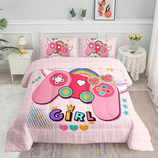 Bedding Comforter Set Pink Gamepad Printed Pattern Quilt with 1 and 2 Pillowcases for Girls Bedroom All Season(Pink Twin) Twin 68x86inches