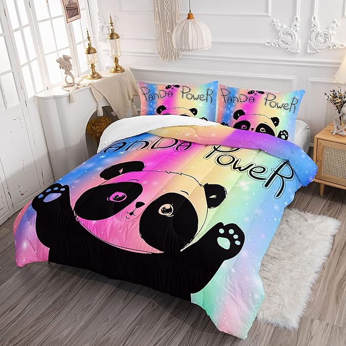 Bedding Comforter Set Rainbow Kawaii Cute Panda Printed Pattern with 1 and 2 Pillowcases for Girls Bedroom All Season(Panda Twin) Twin 68x86inches