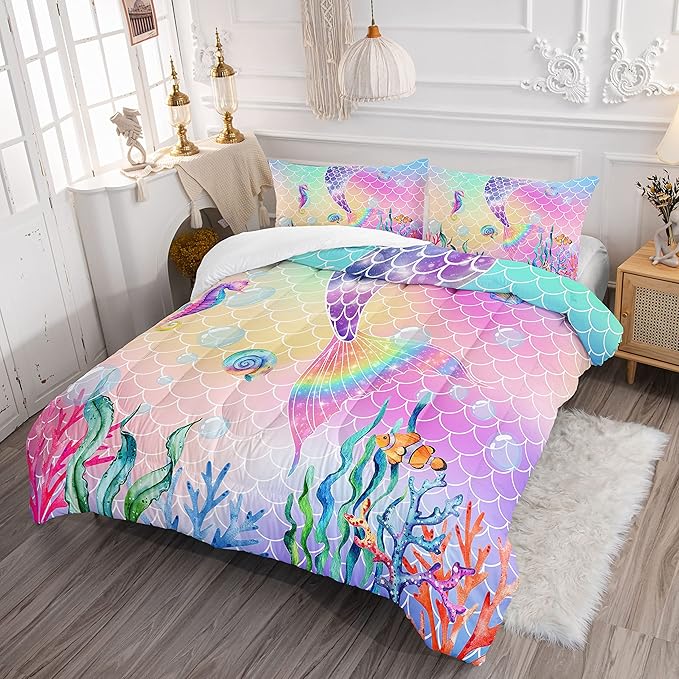 Bedding Comforter Set Rainbow Pink Mermaid Tail Printed Pattern Quilt with 1 and 2 Pillowcases for Girls Bedroom All Season(Rainbow Twin) Twin 68x86inches